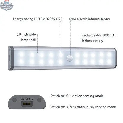 20 LED motion sensor closet light providing automatic illumination, featuring a compact design for closet and cabinet lighting.
