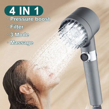 High pressure shower head with three modes, designed for luxurious shower experiences, showcasing adjustable spray settings.
