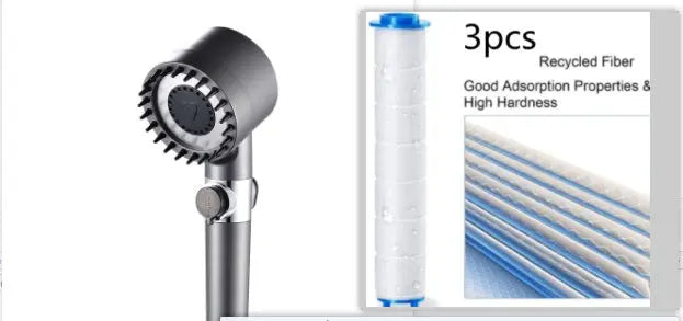 High pressure shower head with three modes, designed for a luxurious shower experience, shown in a sleek bathroom setting.