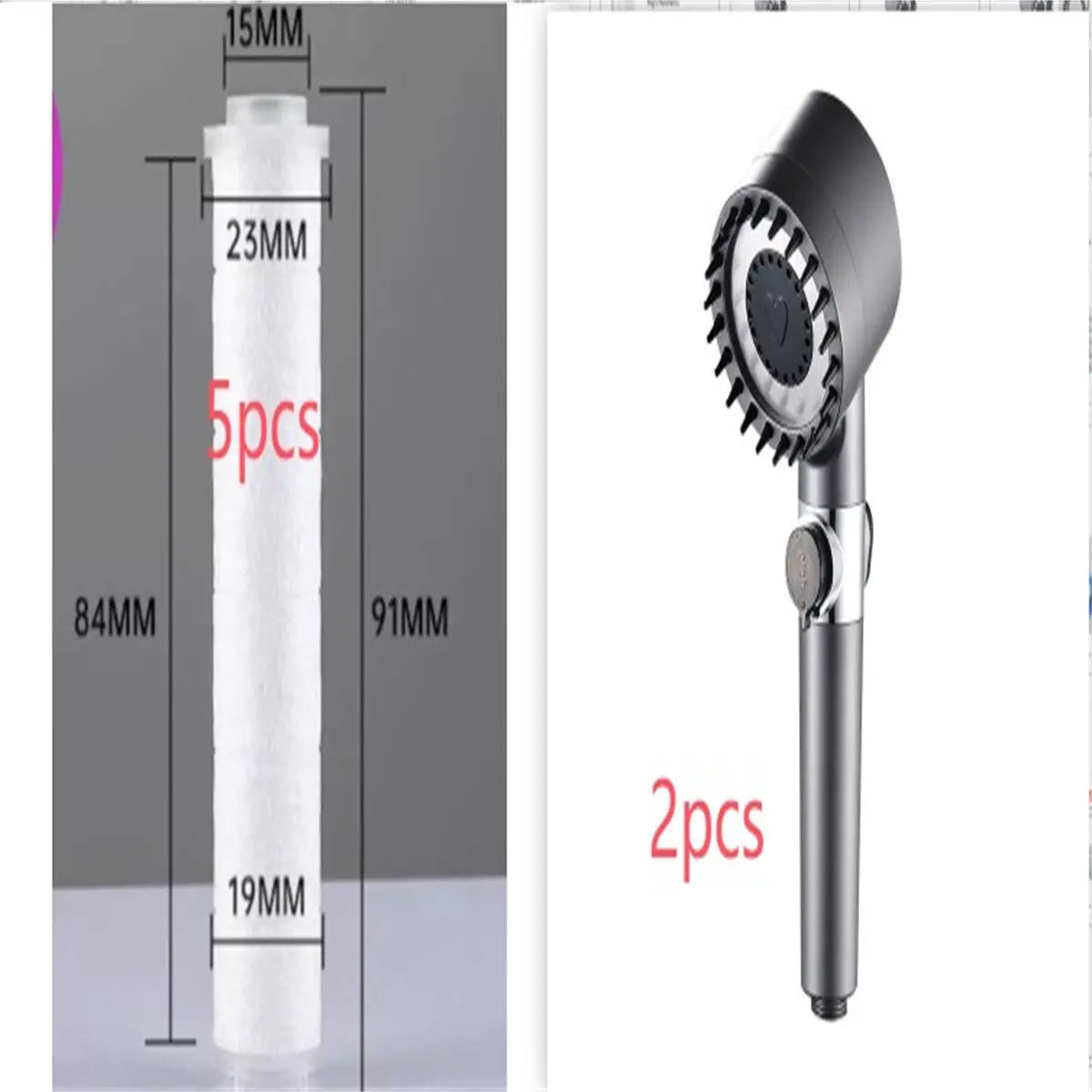 High pressure shower head with three modes, showcasing multiple spray patterns for a luxurious shower experience.