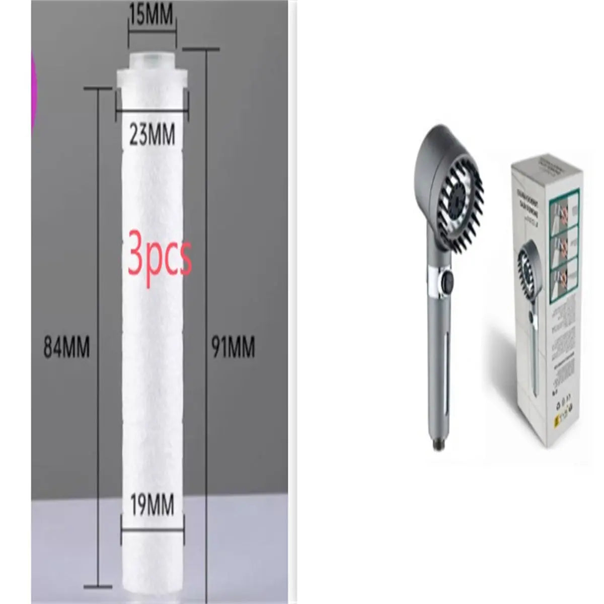 High pressure shower head with three modes, designed for a luxurious shower experience, showcasing water spray patterns and sleek design.