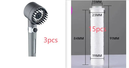 High pressure shower head with 3 modes, chrome finish, designed for a luxurious shower experience, part of shower parts collection.