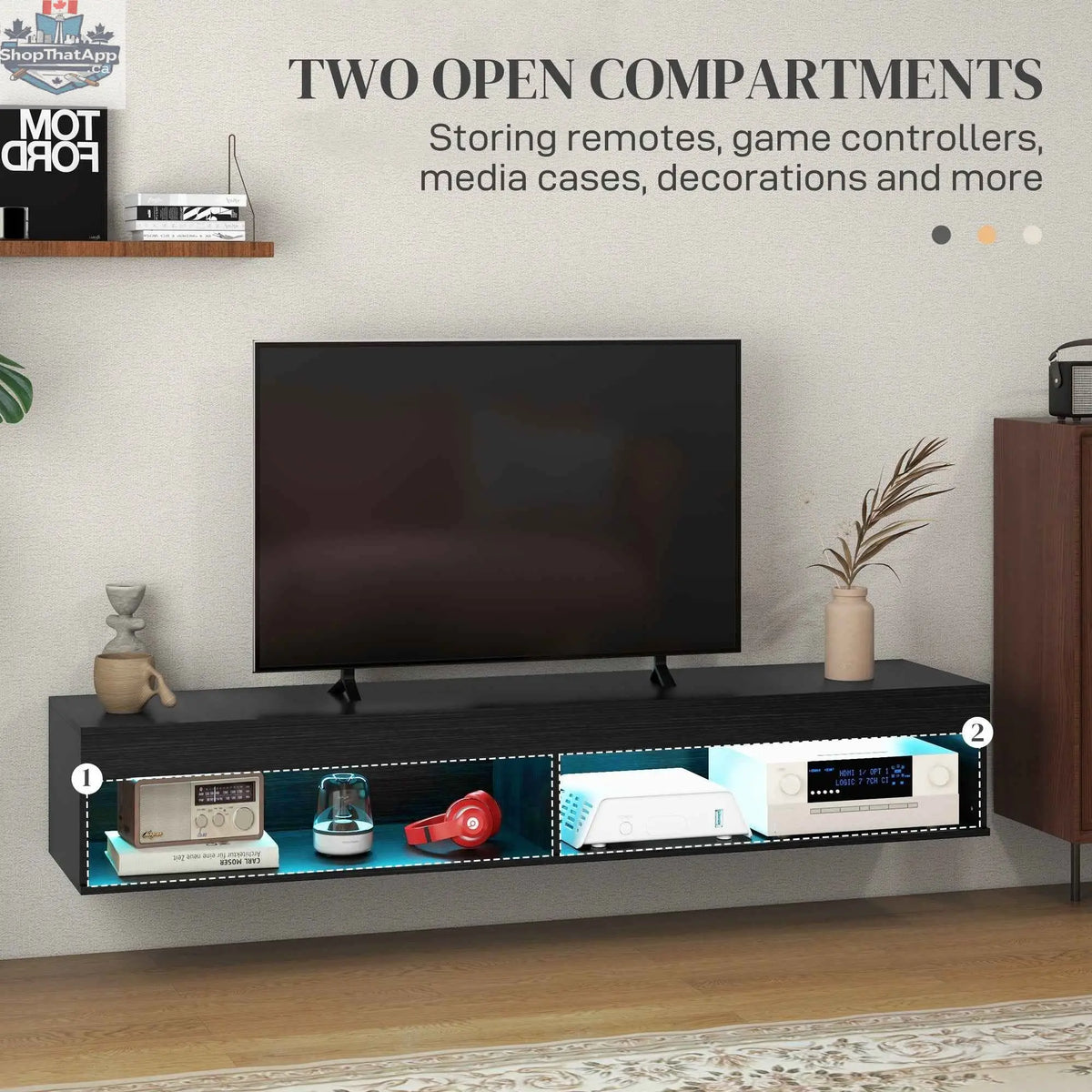 SLOTH Nation Lane modern black wall-mounted TV stand with storage compartments and integrated LED lights for living room.