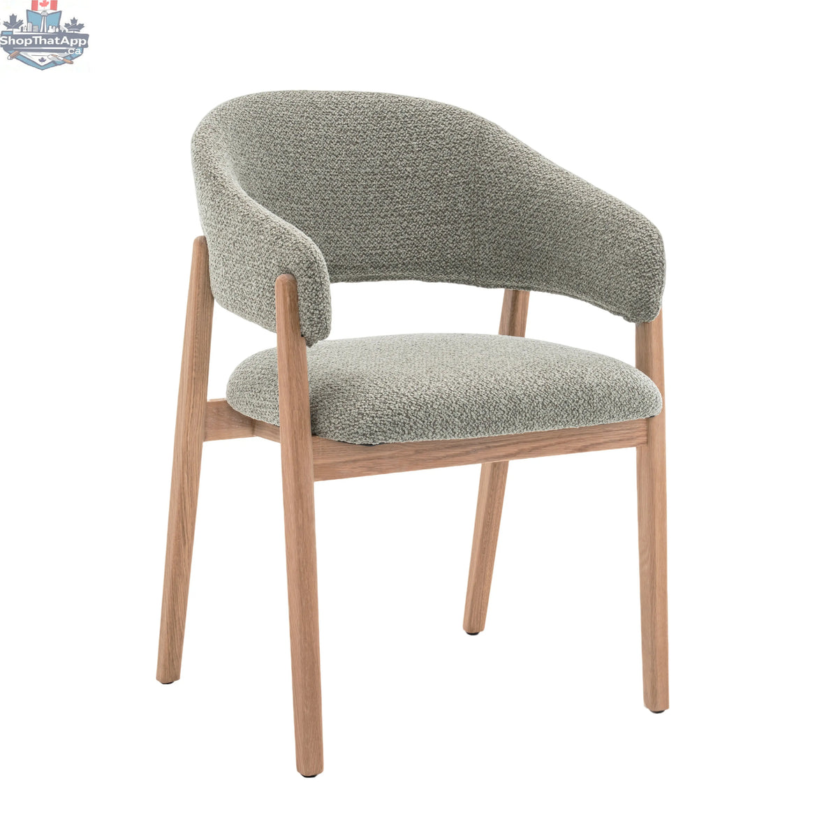 Mint green Hygge Design House Fiol dining chair with natural wood frame and upholstered seat and back for comfortable dining.