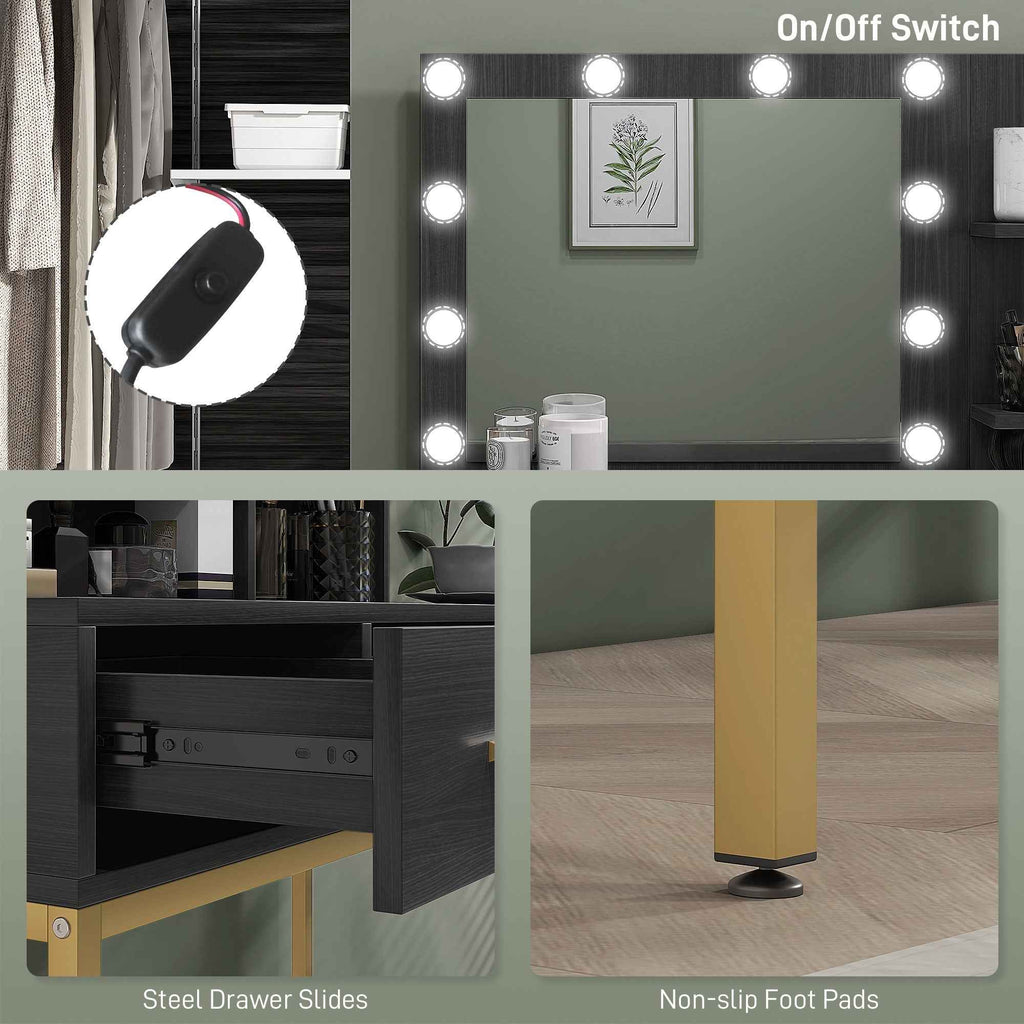 Sophia Illuminated Makeup Table with LED Lights and 3 Drawers-Black