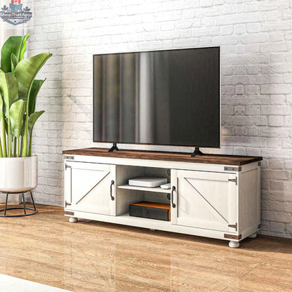Distressed white Kirby Farmhouse TV stand by SLOTH Nation with small minimalist barn doors for 65-inch TVs in a living room setting