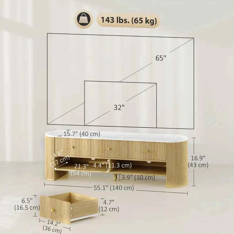 Colby Modern TV Stand with Marble-Effect Top and Storage Drawers-Natural