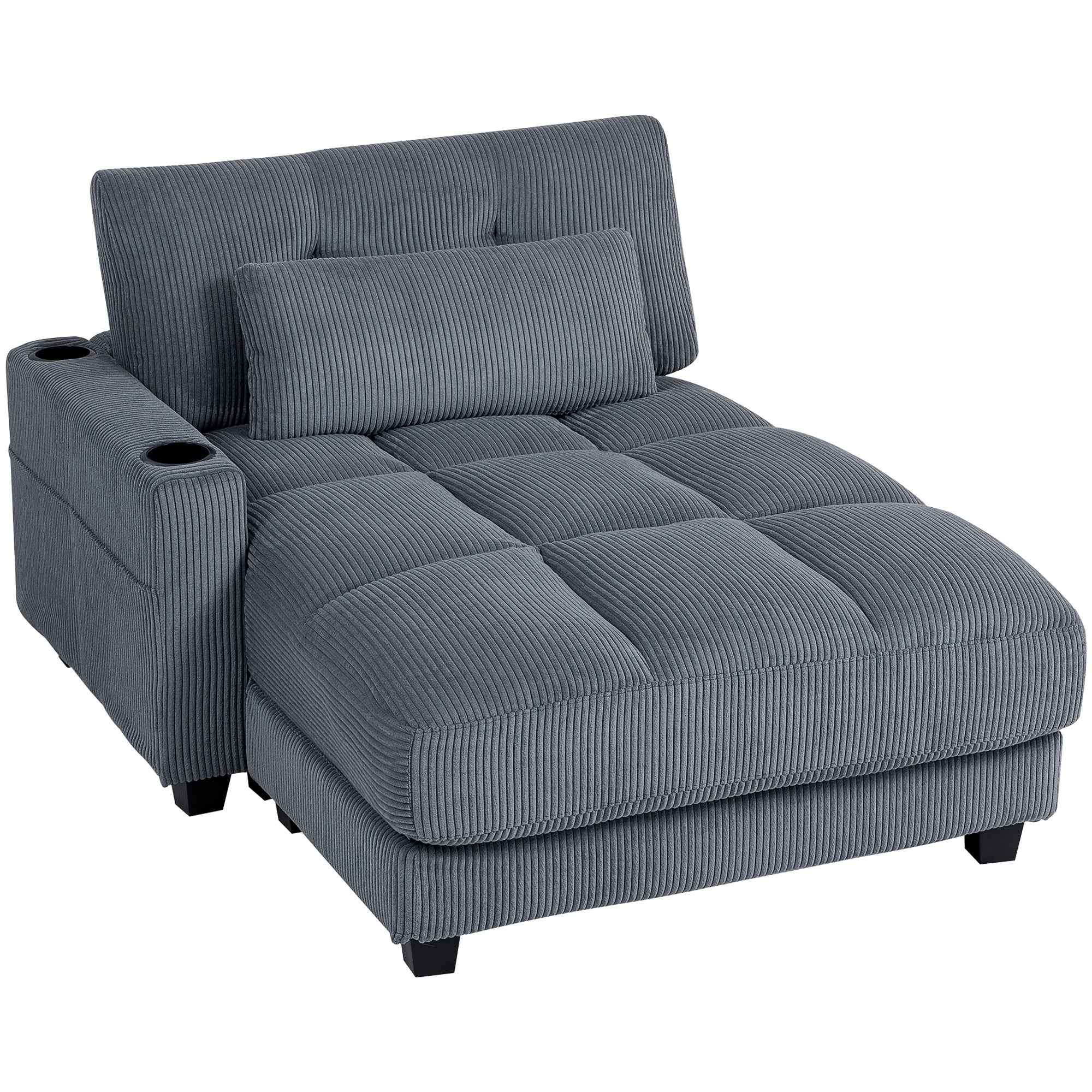 Andi Corduroy Chaise Lounger with 2 Cup Holders-Dark Grey