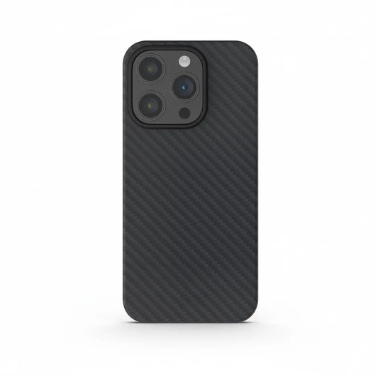 iPhone 15 Pro in a black real aramid fiber case by Carbon Loom, showcasing the textured, durable protective phone cover.