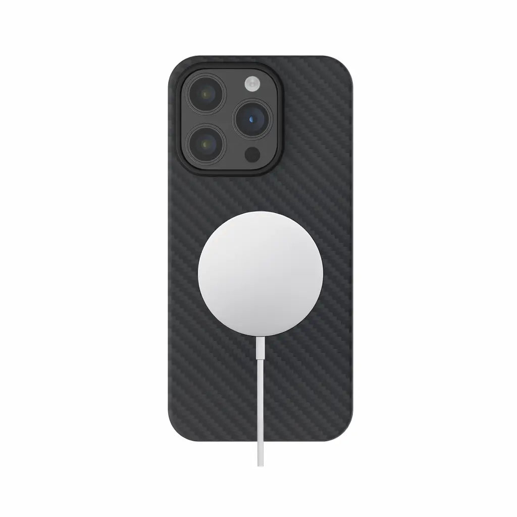 Real Aramid fiber iPhone 15 Pro Max case by Carbon Loom, showing the sleek black protective cover with textured surface.