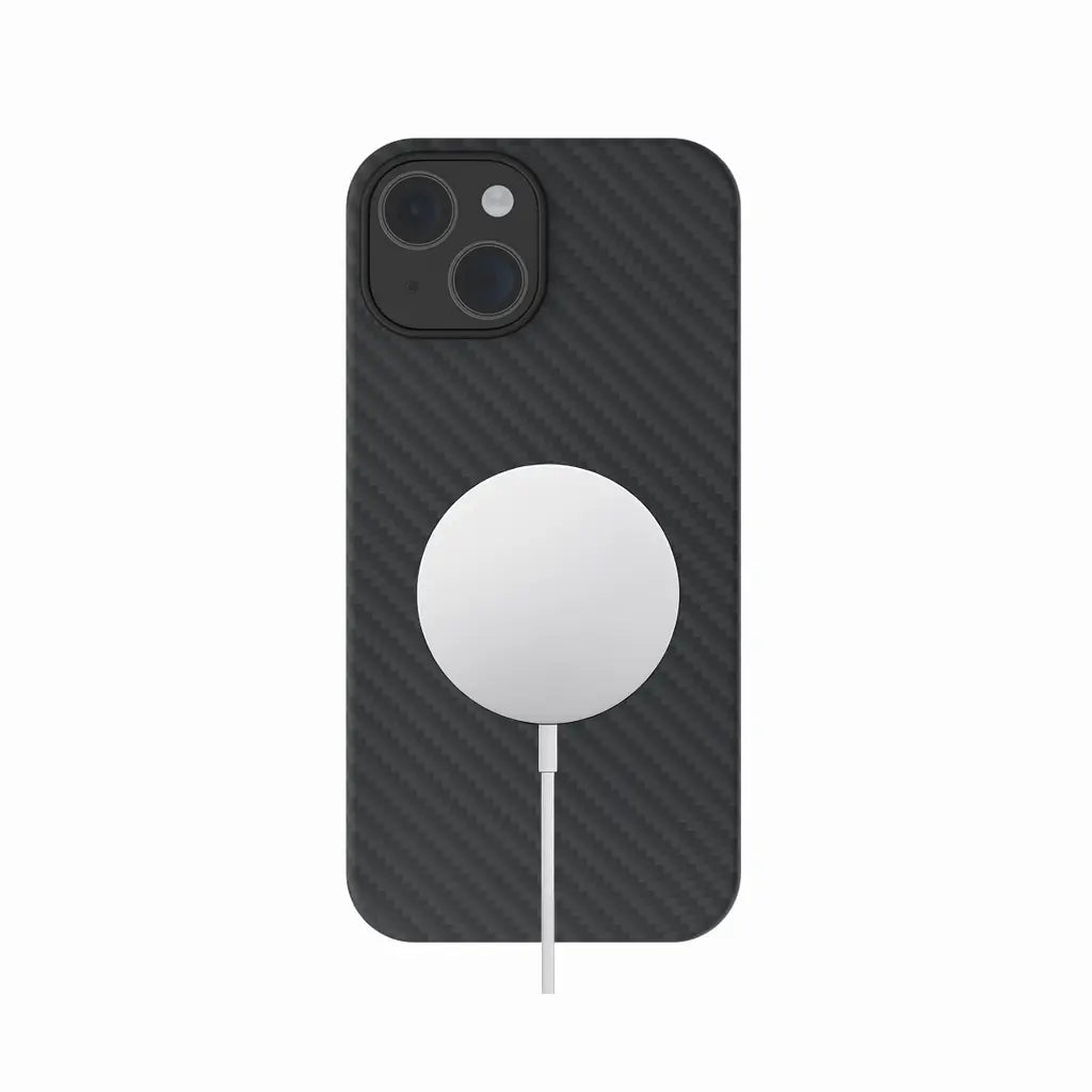 iPhone 15 in Carbon Loom real aramid fiber case with magnetic closure, showcasing sleek, durable protection for the device.