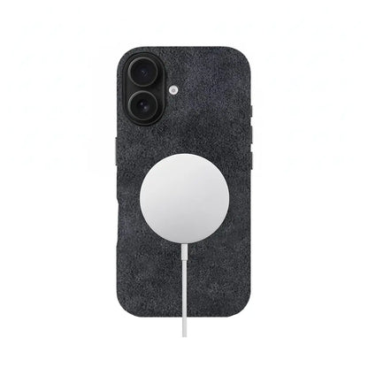 Grey Alcantara iPhone 16 case by Carbon Loom, showcasing sleek design and premium protection for the device.