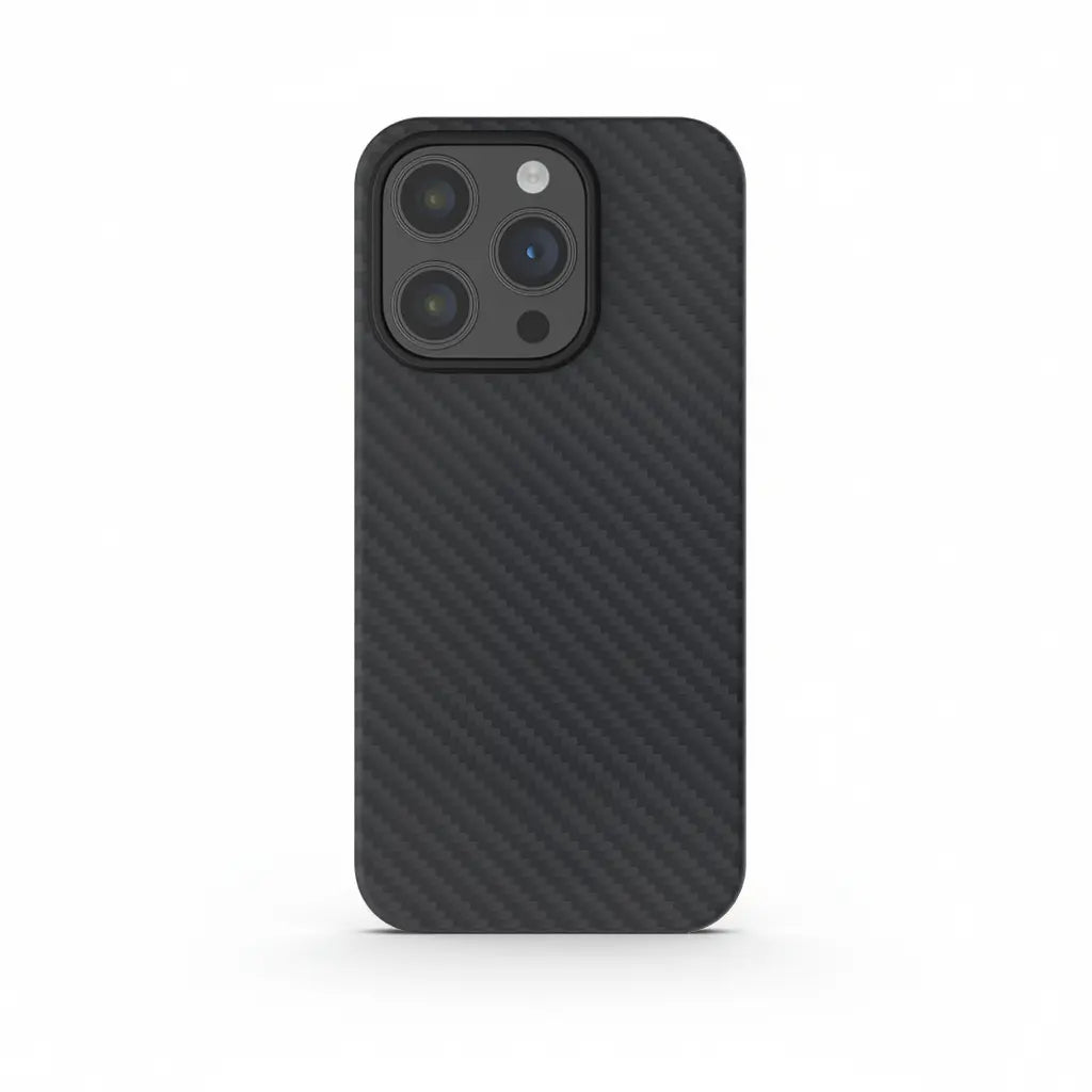 Real Aramid fiber case for iPhone 15 by Carbon Loom, showing a sleek black protective cover with textured fiber pattern.