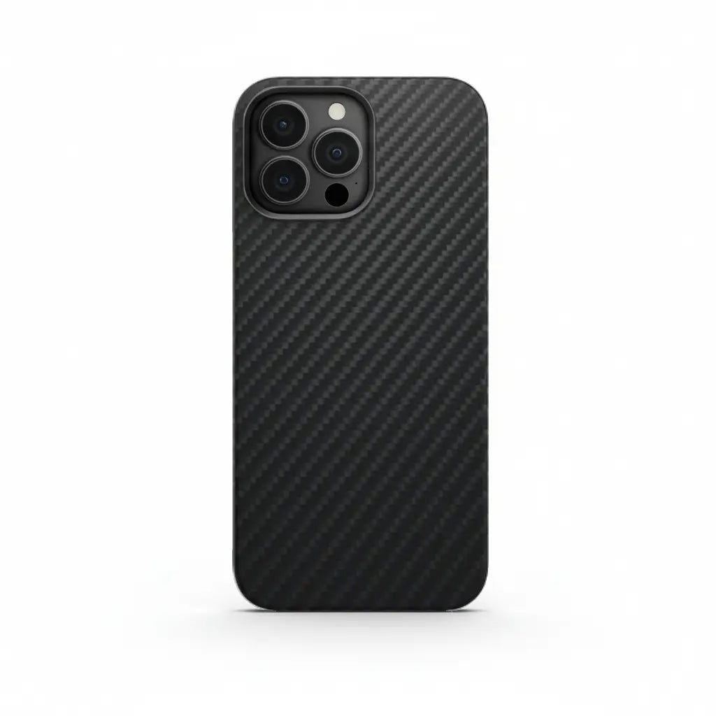 Carbon Loom Real Aramid Fiber iPhone 16 case showing sleek, lightweight design with textured carbon fiber surface and precise cutouts.