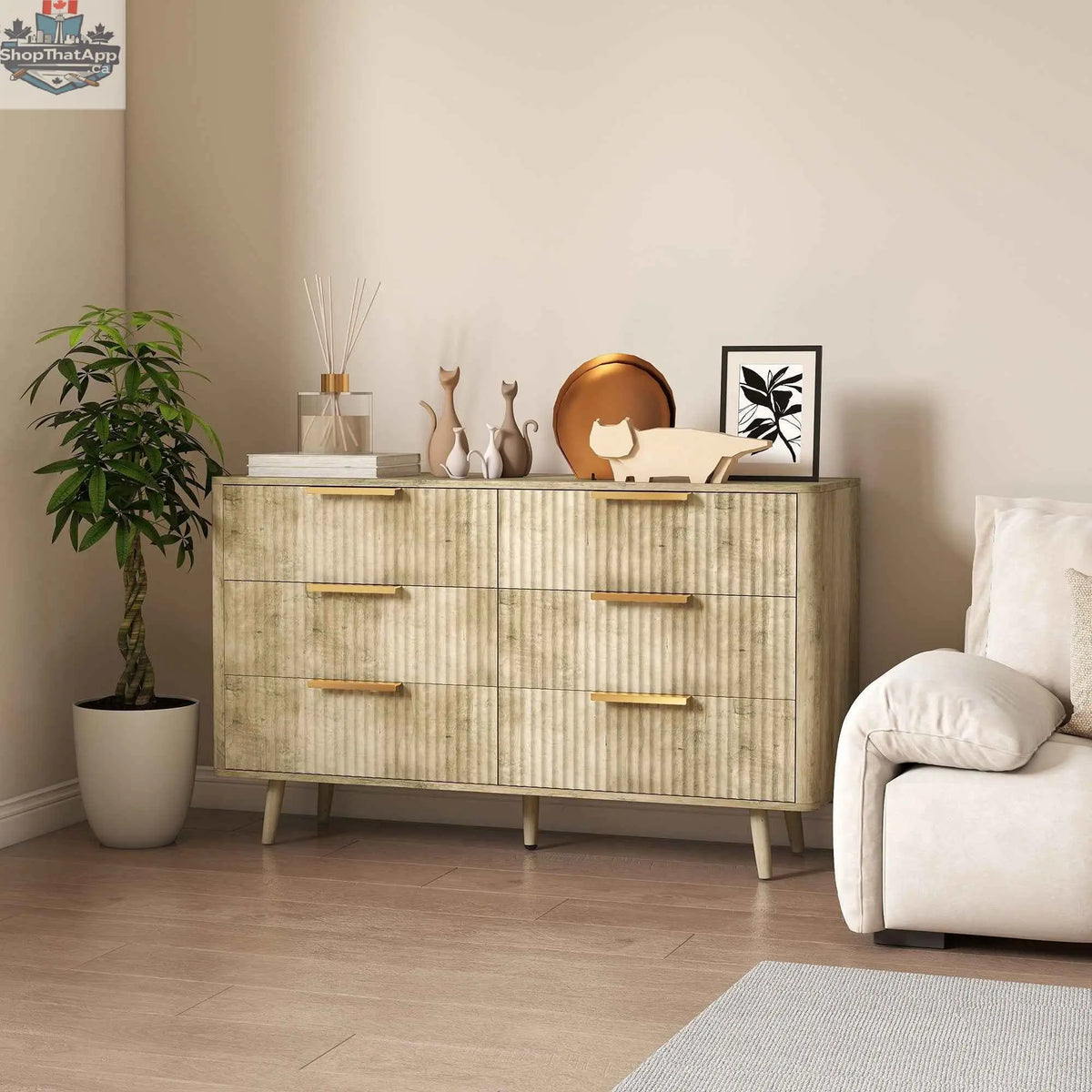 Oak Dakota Dresser by SLOTH Nation with six fluted drawers, showcasing sleek bedroom furniture design and natural wood finish.