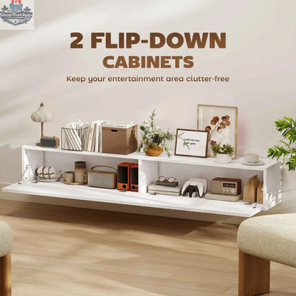 White Jesse floating TV stand with two fluted flip-down doors, designed for 55-inch TVs up to 72 inches, by SLOTH Nation.