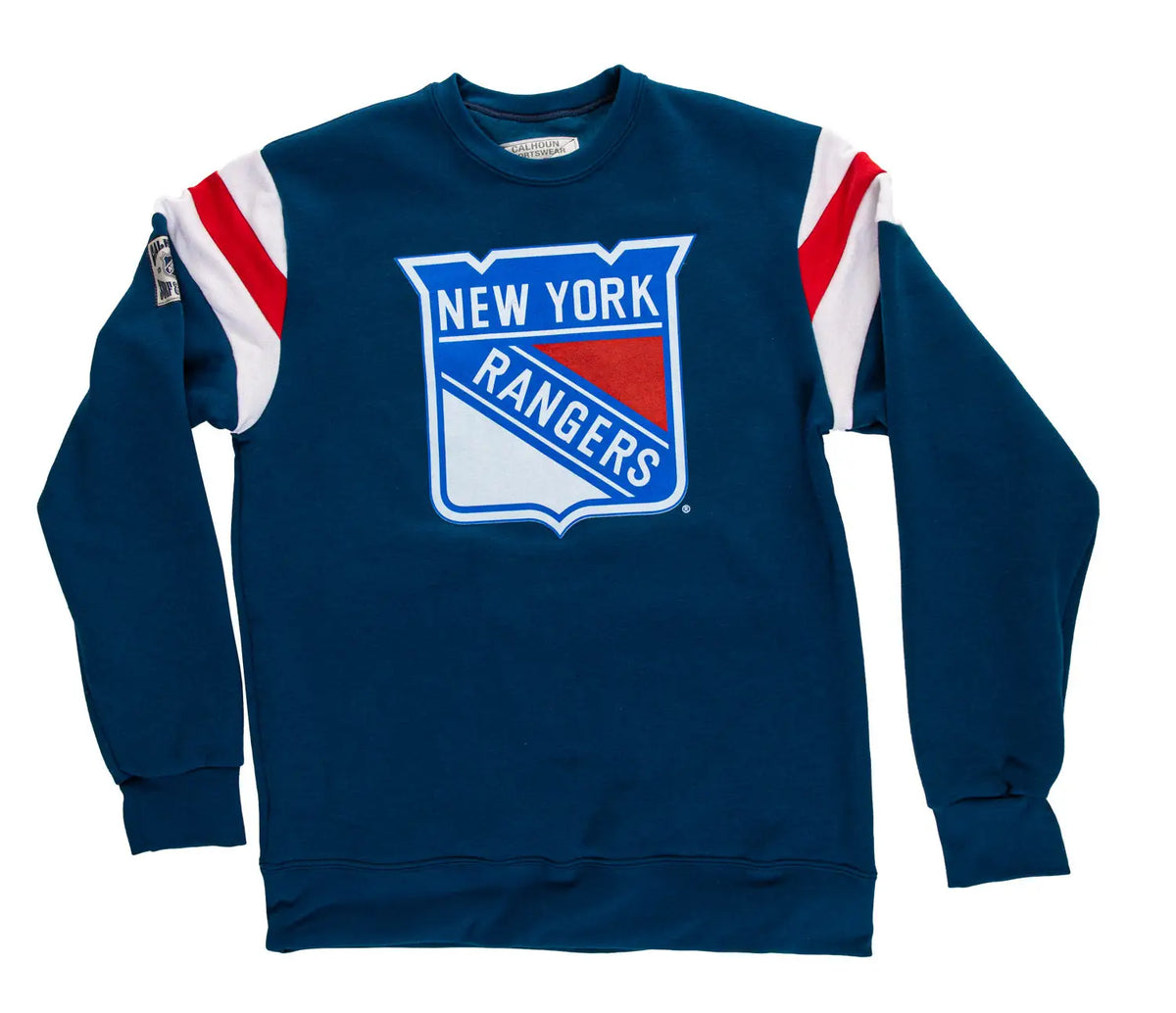 Calhoun Surf N' Skate New York Rangers varsity-style crewneck sweatshirt with retro design and team logo on front.