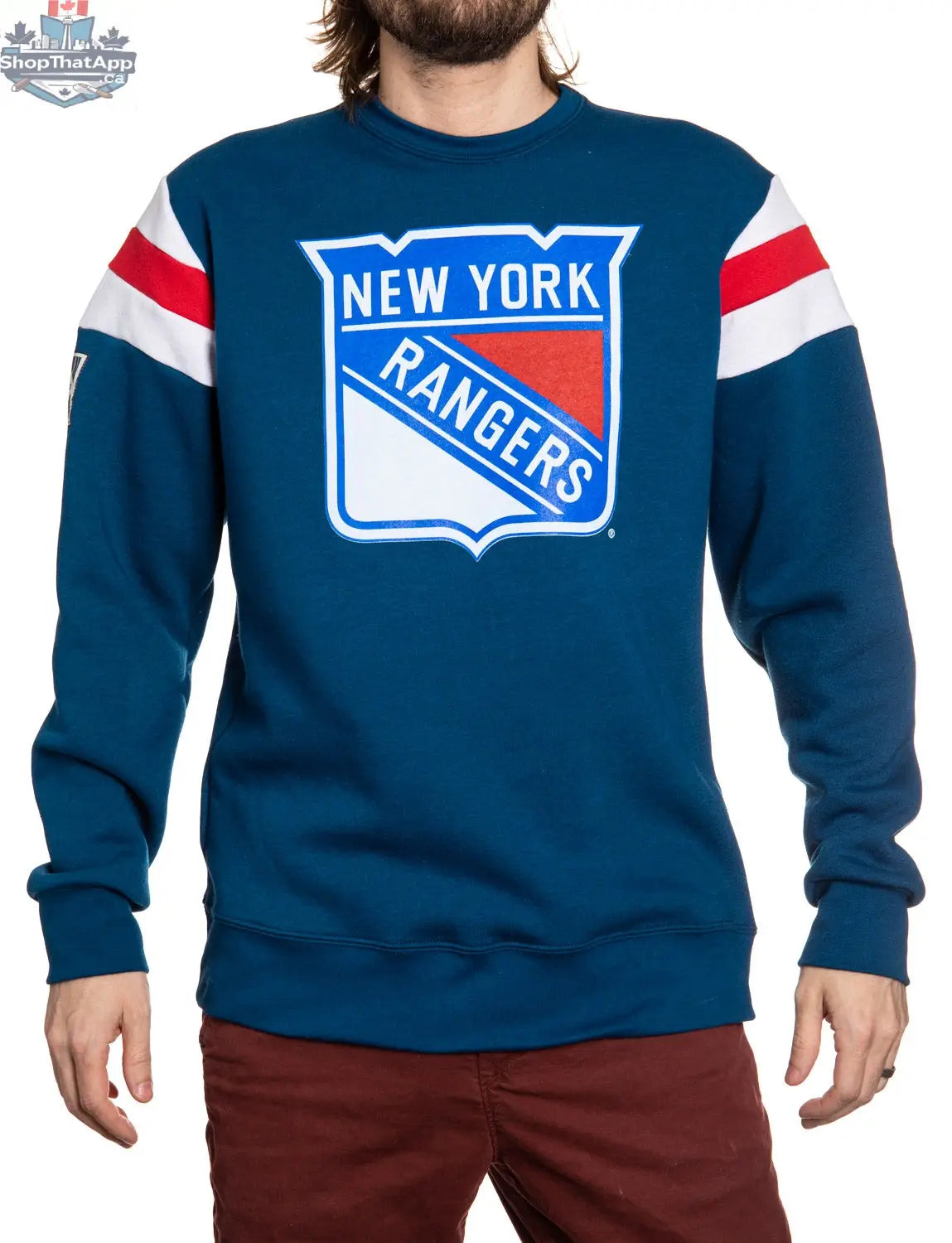 New York Rangers varsity retro crewneck sweatshirt by Calhoun Surf N' Skate, featuring team logo and classic varsity design.