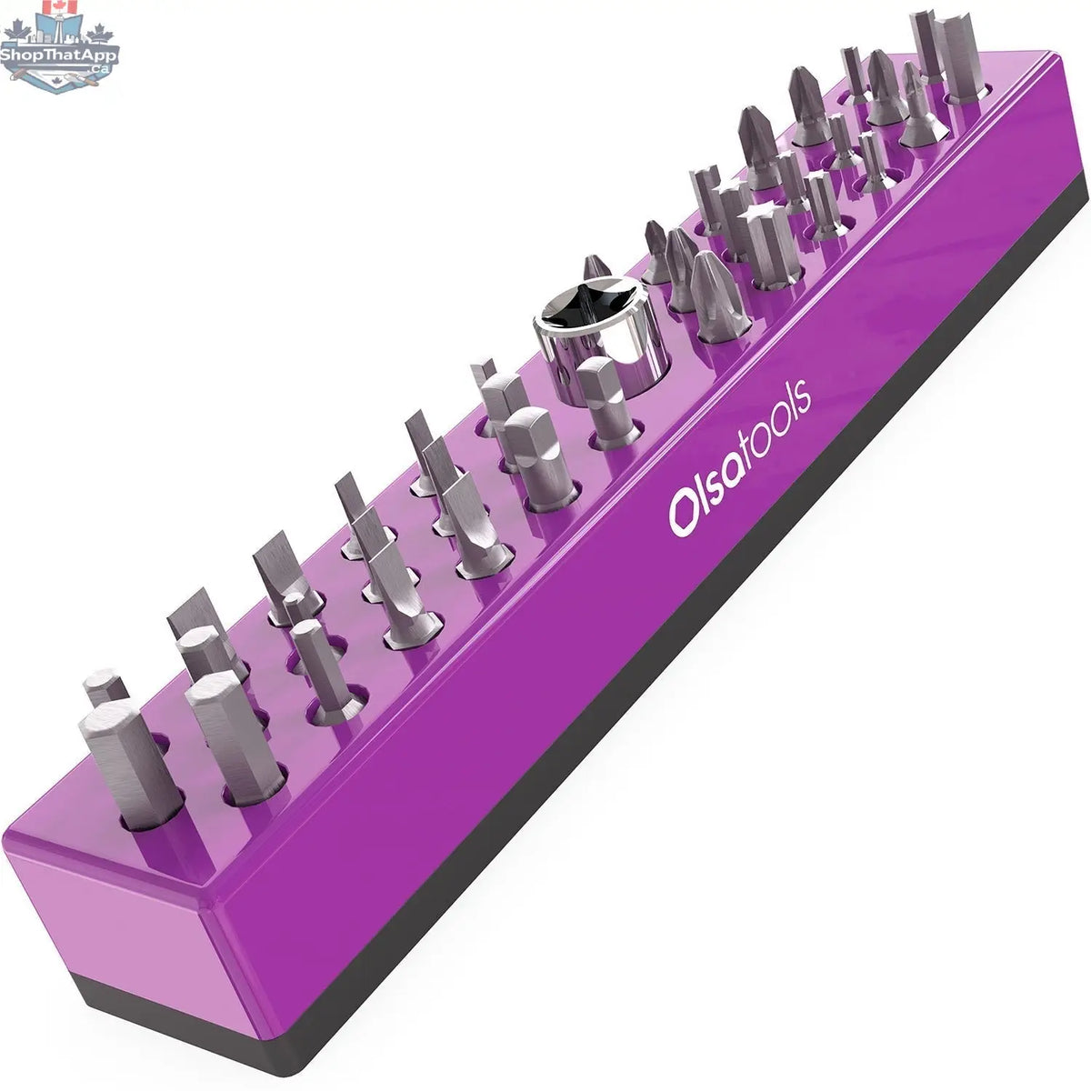 Olsa Tools Canada magnetic hex bit organizer holding various hex bits for easy tool management and quick access