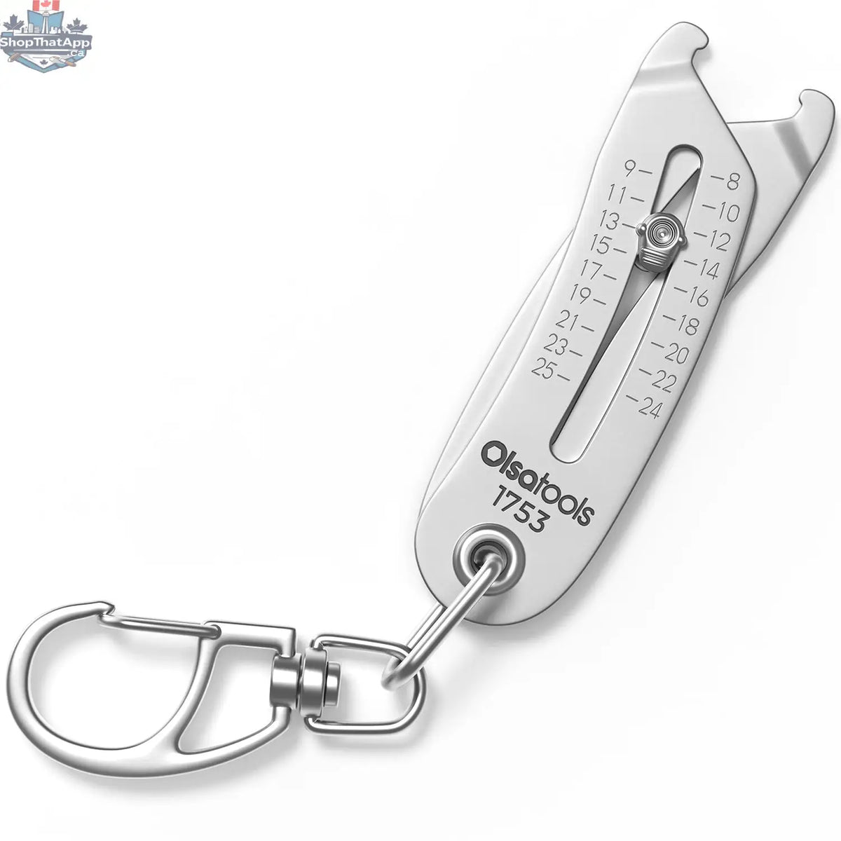 Olsa Tools Canada bolt size finder keychain with measurement markings, compact tool accessory for quick bolt size identification.