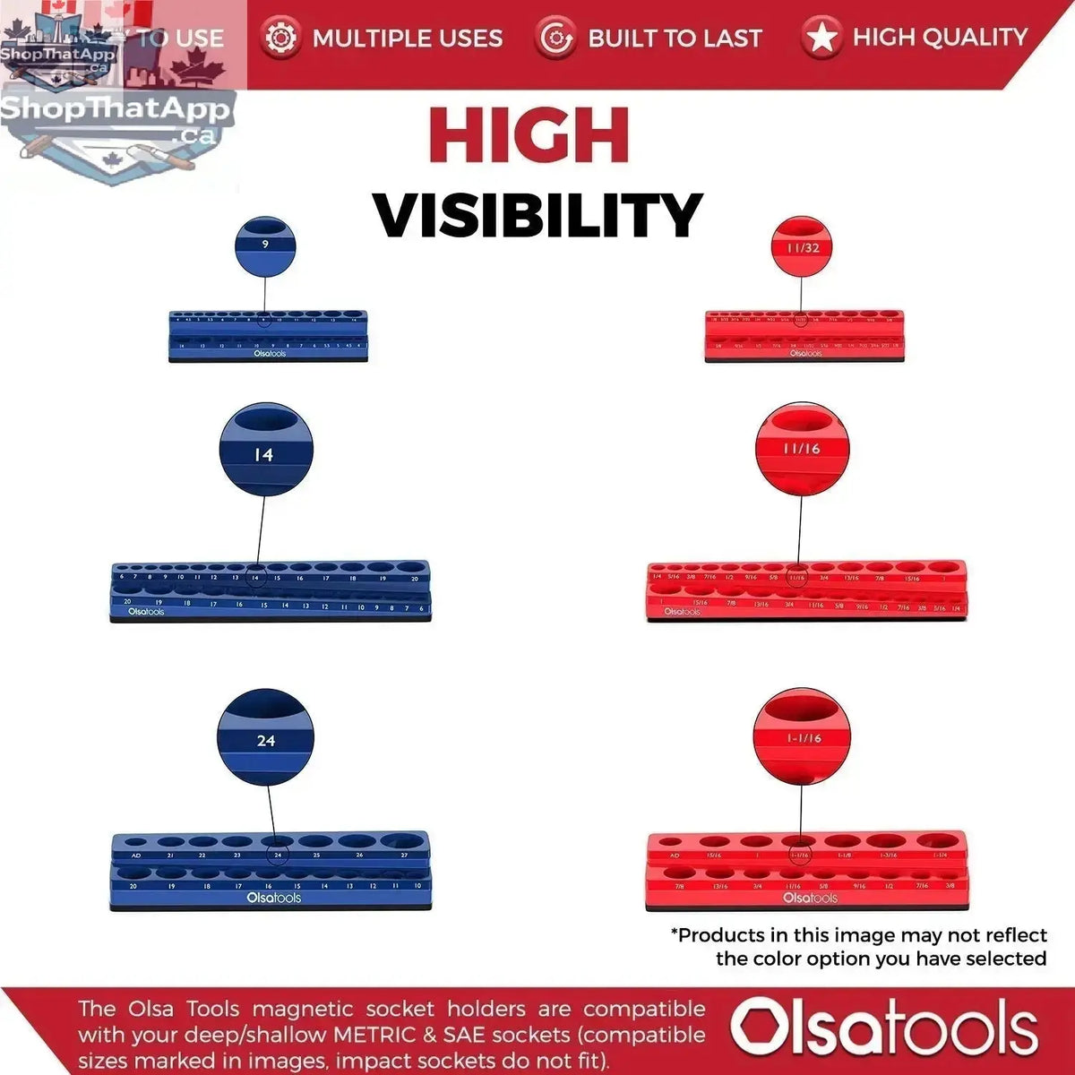 Olsa Tools Canada 2-Row Magnetic Socket Holders for 1/2 Drive Click Torque Wrench, organized socket storage with magnetic design.
