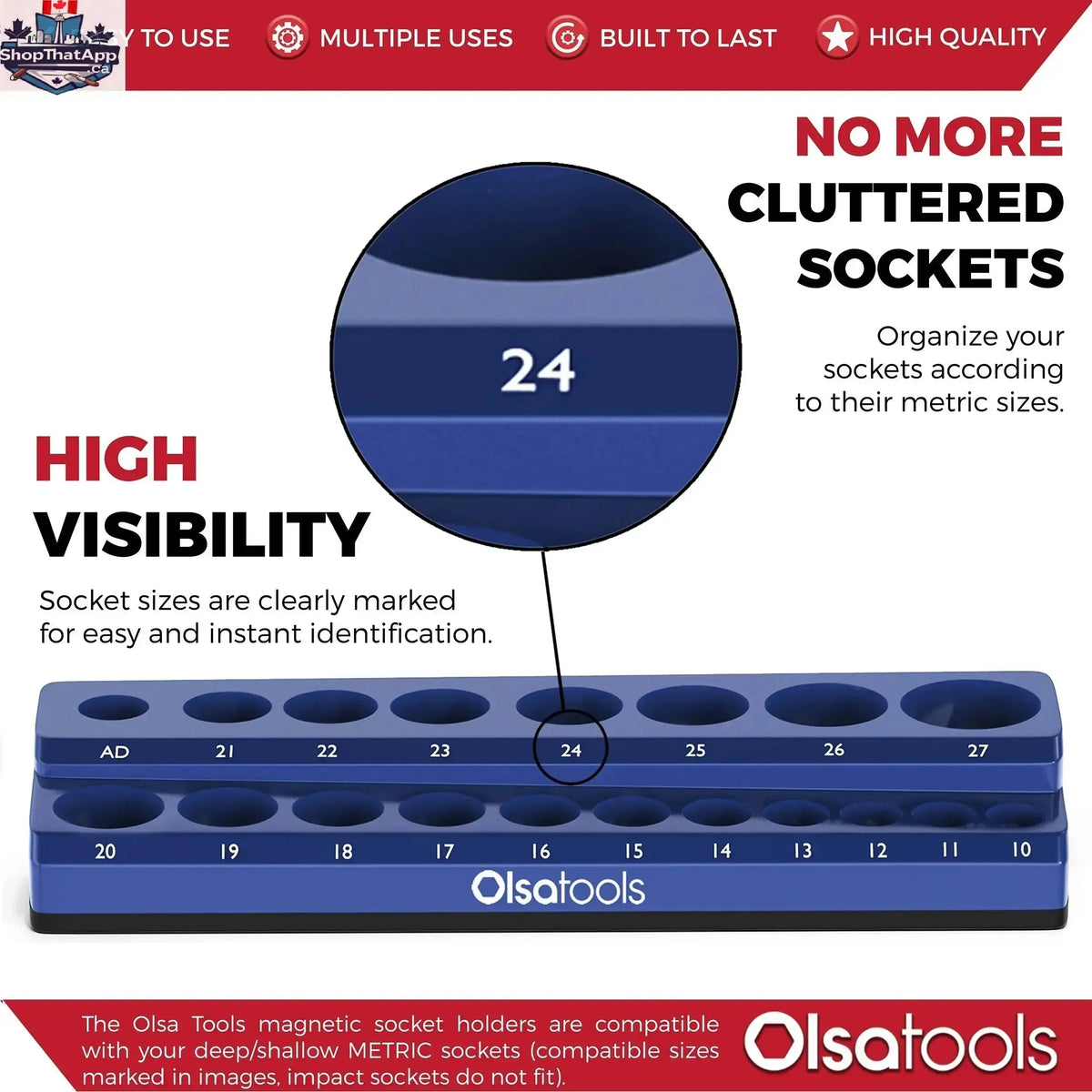 Olsa Tools Canada 2-Row Magnetic Socket Holders for 1/2 Drive Click Torque Wrench, organized socket storage and organization.