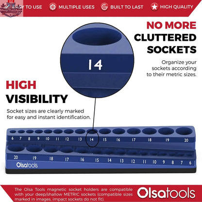 Olsa Tools Canada 2-Row Magnetic Socket Holders for 1/2 Drive Click Torque Wrench, organized with labeled sockets in an infographic image.