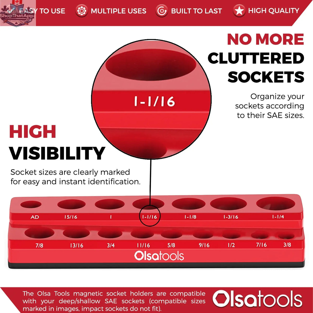 Two magnetic socket holders for 1/2 drive click torque wrenches, organized with Olsa Tools Canada socket organizers.