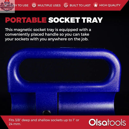 Olsa Tools Canada magnetic socket organizer tray with labeled slots for easy tool management and secure socket storage.