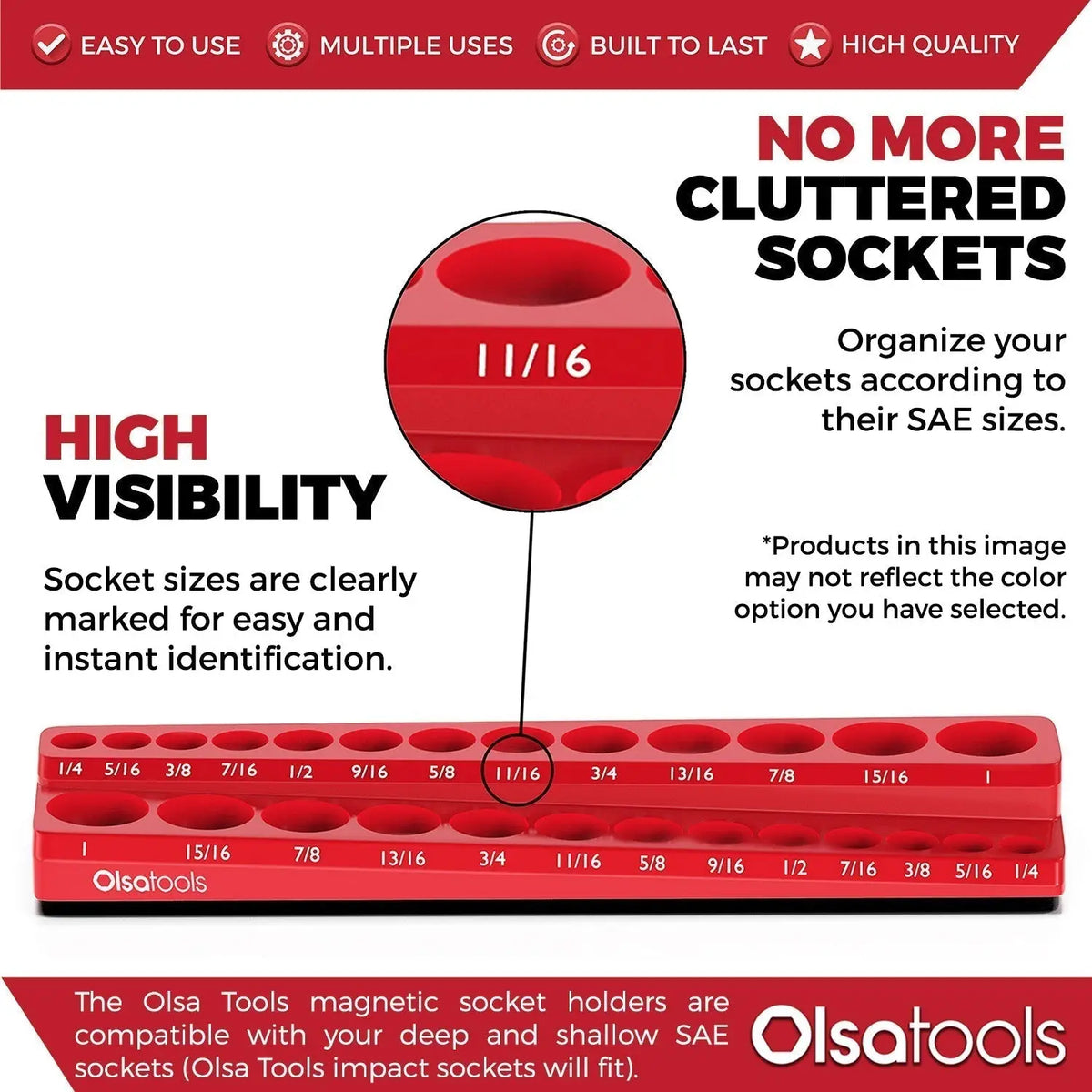 Two-row magnetic socket holders for 1/2 drive click torque wrenches, organized by Olsa Tools Canada in an infographic style.