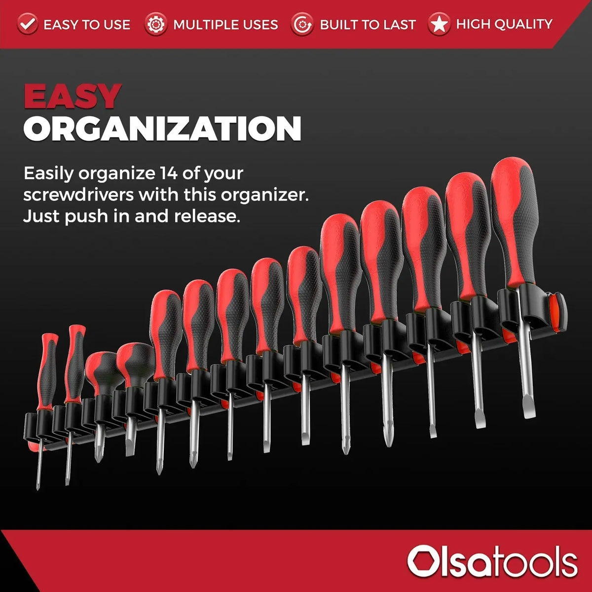 Olsa Tools Canada wall mount screwdriver storage holder for organized tool management, featuring multiple slots for screwdrivers.