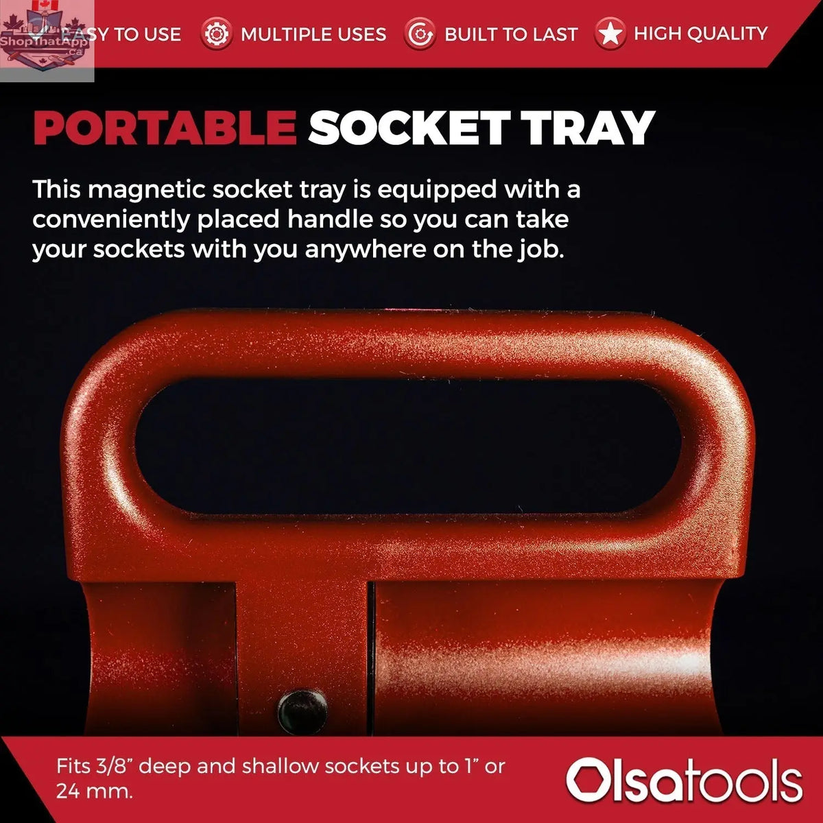 Olsa Tools Canada magnetic socket organizer tray holding various metal sockets for easy, organized tool management.