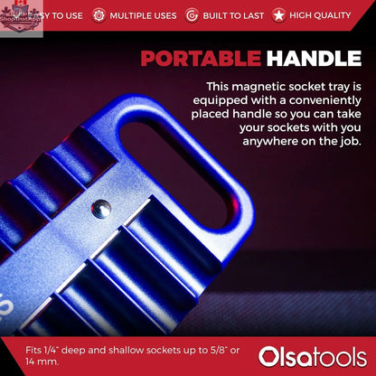 Olsa Tools Canada magnetic socket organizer tray holding various socket sizes for efficient tool management and easy access.