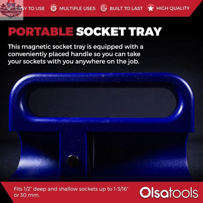 Olsa Tools Canada magnetic socket organizer tray with labeled slots for easy tool management and secure socket storage.
