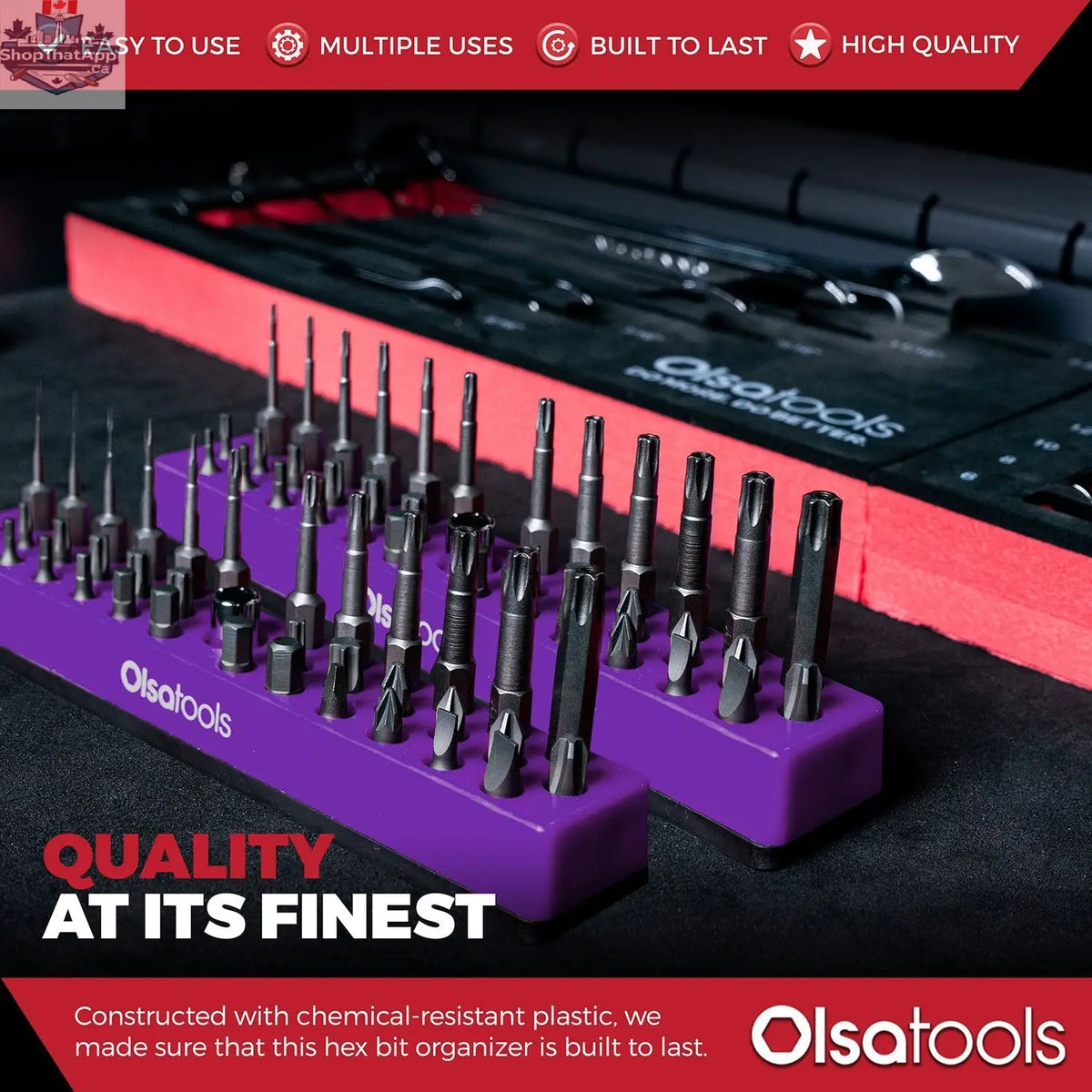 Olsa Tools Canada magnetic hex bit organizer with labeled slots for easy tool management and quick access.