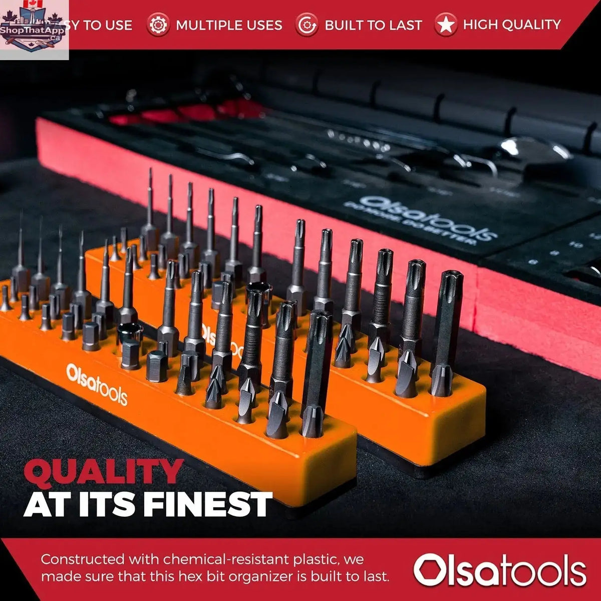 Olsa Tools Canada magnetic hex bit organizer with labeled slots for easy tool access and efficient storage.