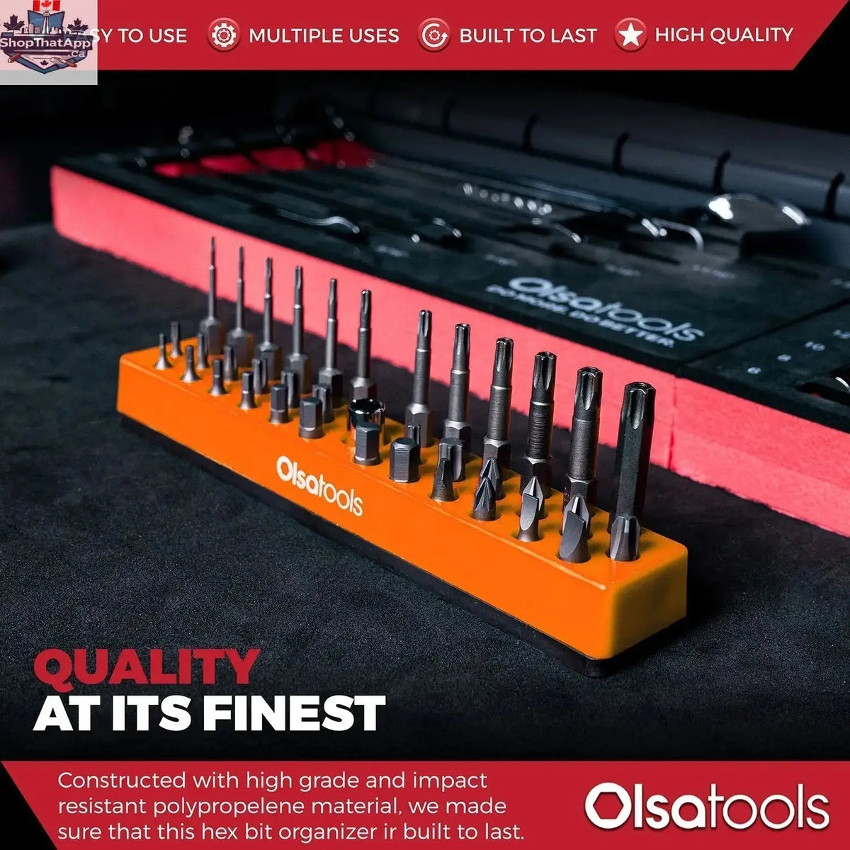 Infographic showing Olsa Tools Canada magnetic hex bit organizer, designed for easy tool management and quick access.