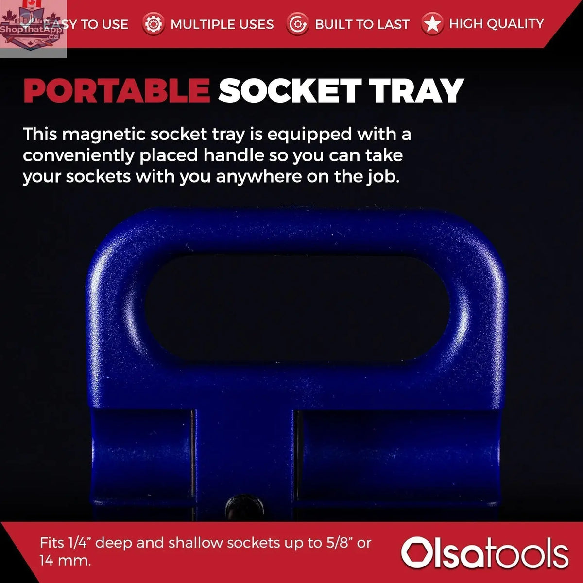 Olsa Tools Canada magnetic socket organizer tray holding various socket sizes for easy tool management and organization.