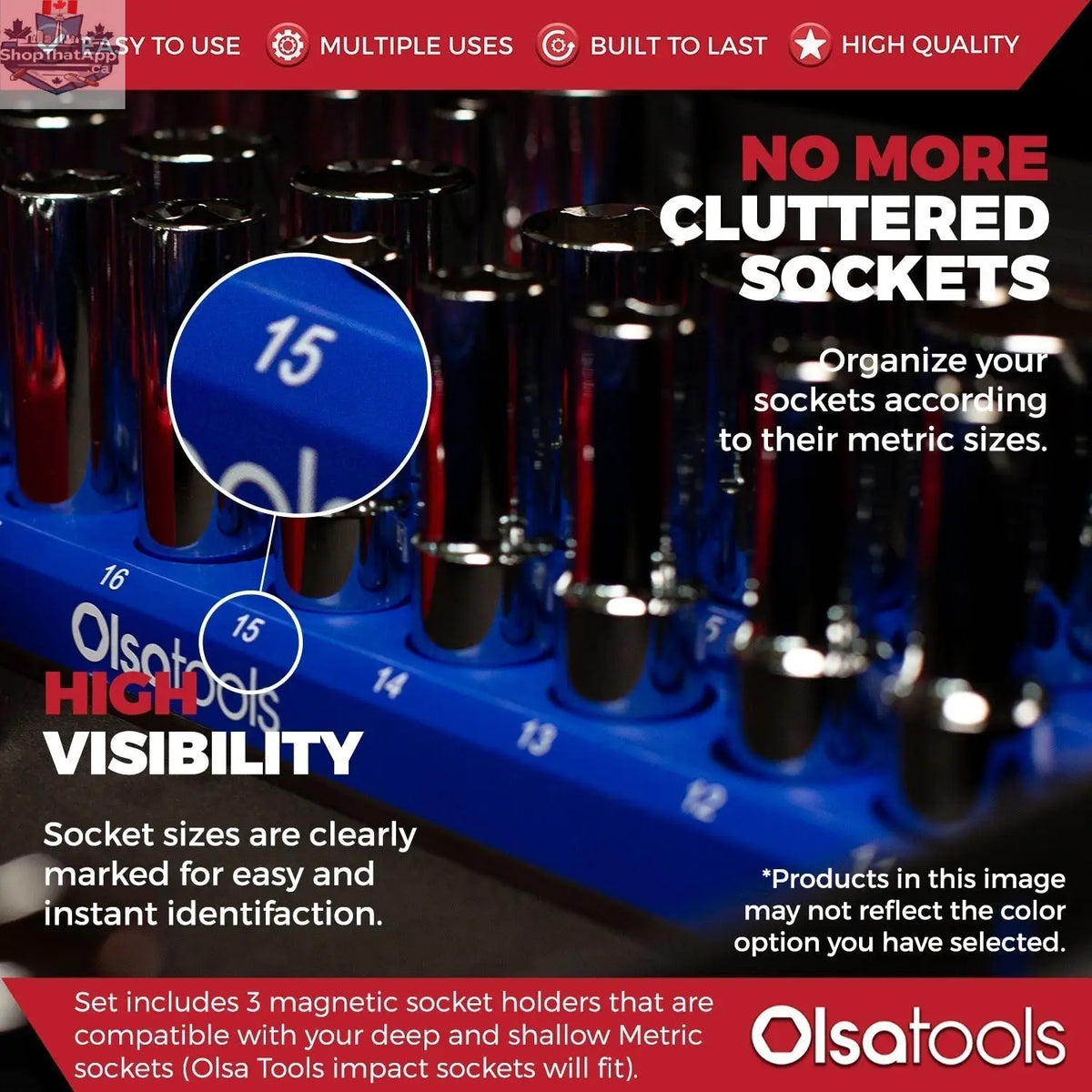 Olsa Tools Canada 2-Row Magnetic Socket Holders for 1/2 Drive Click Torque Wrench, organized socket storage, infographic image