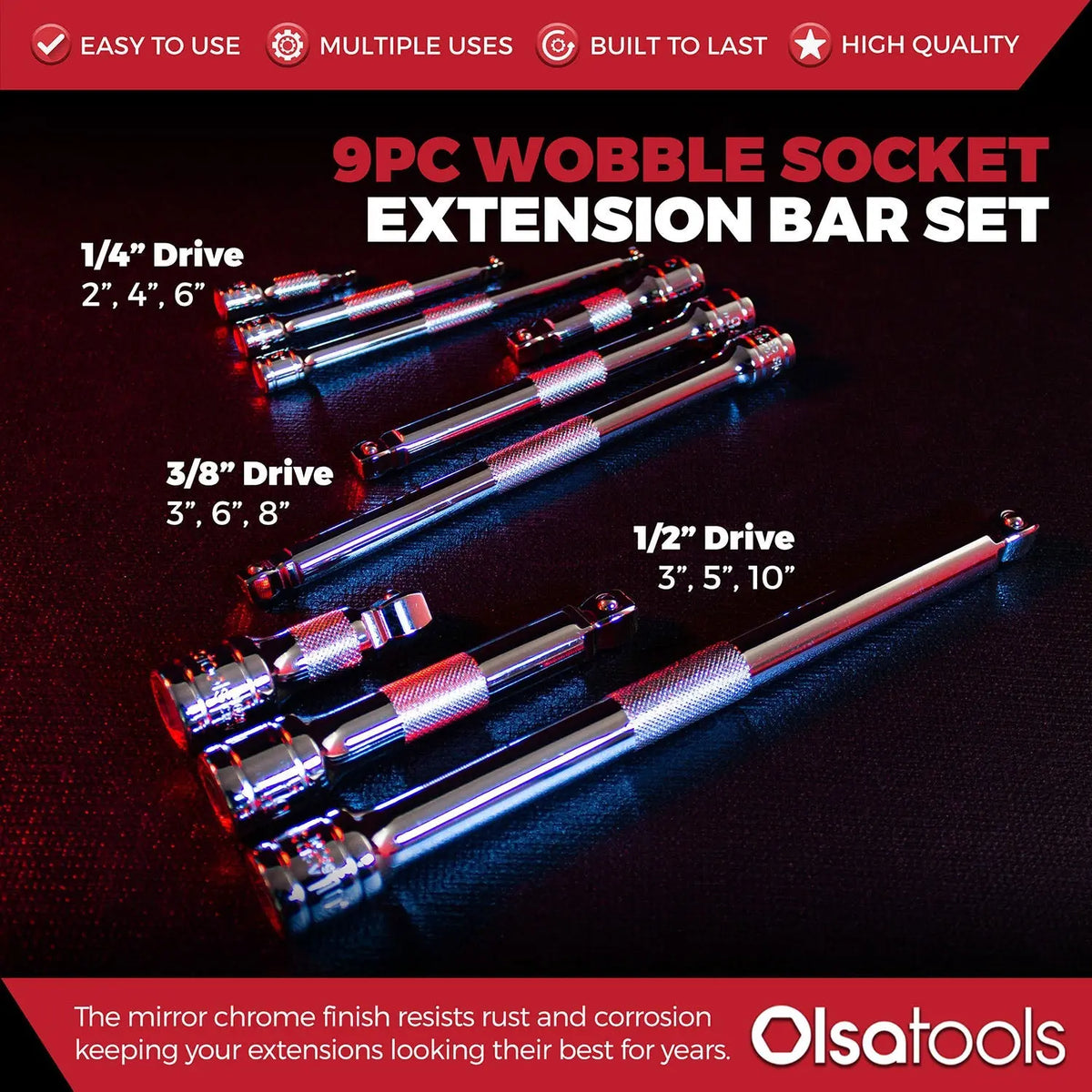 Wobble Socket Extension Set (9pc) | 1/2, 3/8, 1/4" Drive Ratchet Extension Bars - Shopthatapp.ca