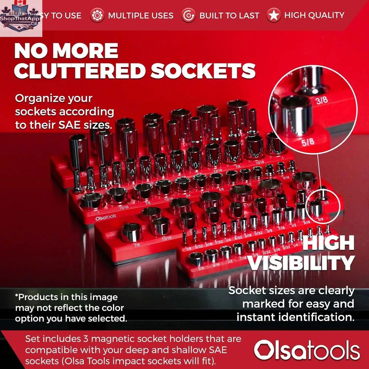 Infographic showing Olsa Tools 2-Row Magnetic Socket Holders for 1/2 drive click torque wrenches, organized for easy access.
