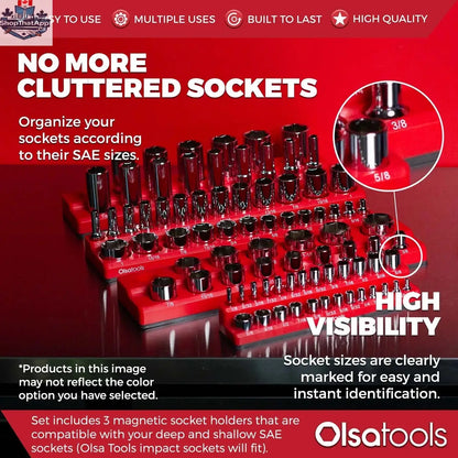 Infographic showing Olsa Tools 2-Row Magnetic Socket Holders for 1/2 drive click torque wrenches, organized for easy access.