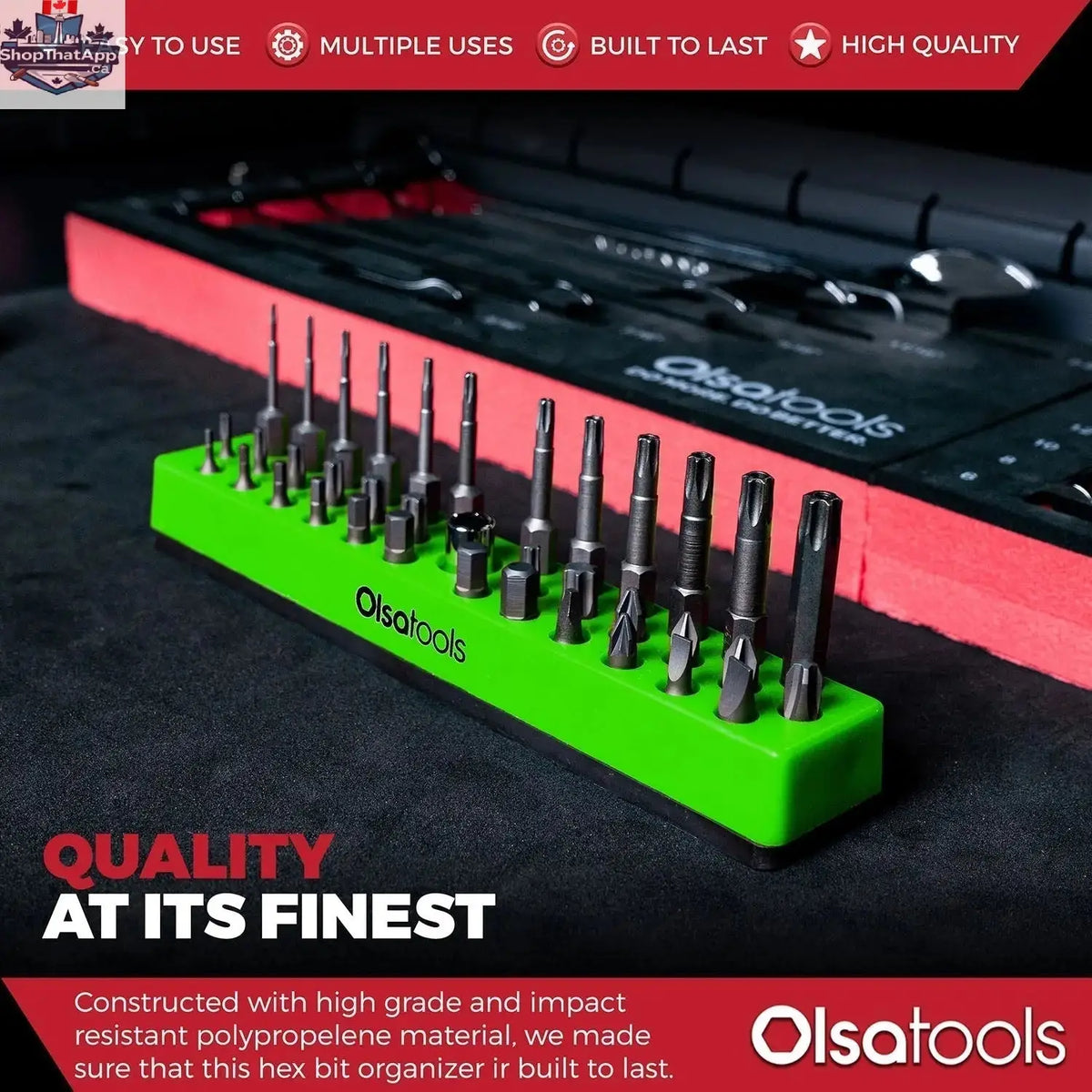 Olsa Tools Canada magnetic hex bit organizer with labeled slots for easy tool management and quick access.