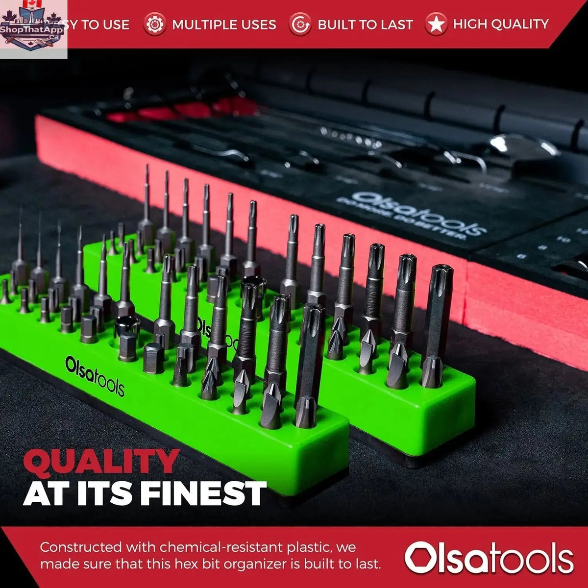 Olsa Tools Canada magnetic hex bit organizer with multiple slots for easy access and efficient tool management.