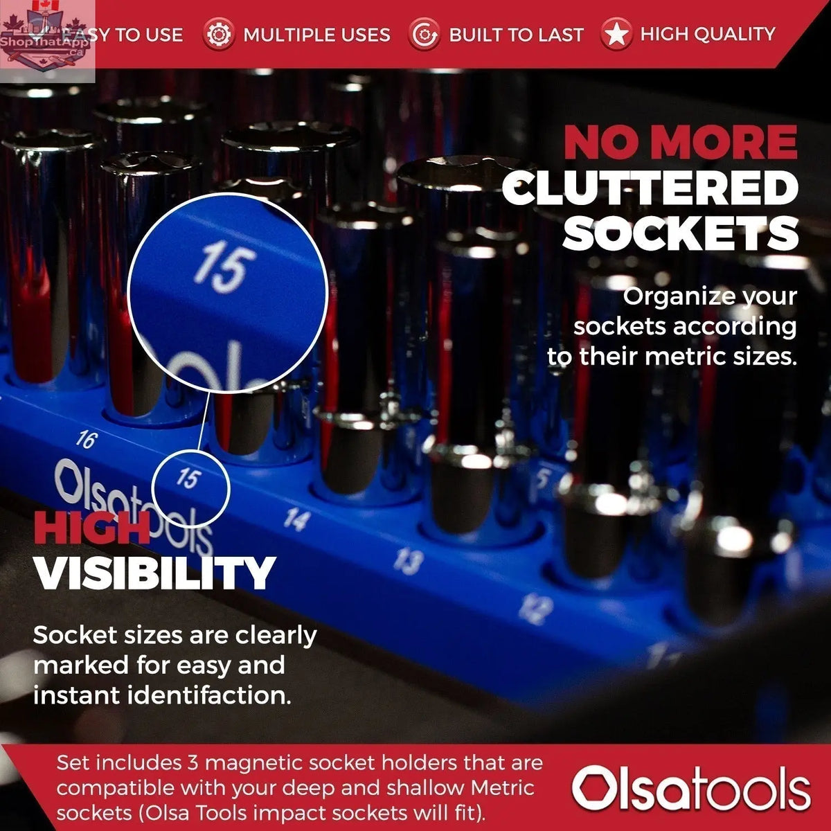 Olsa Tools Canada 2-Row Magnetic Socket Holders for 1/2 Drive Click Torque Wrench, organized socket storage and organization.