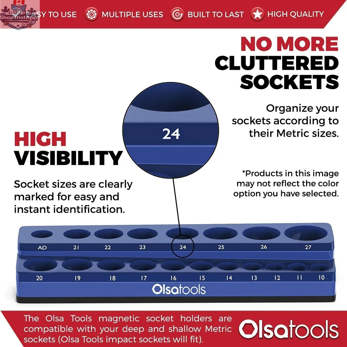 Infographic showing Olsa Tools Canada 2-Row Magnetic Socket Holders for 1/2 drive click torque wrenches, organizing socket sets efficiently.