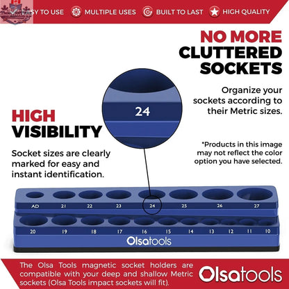 Infographic showing Olsa Tools Canada 2-Row Magnetic Socket Holders for 1/2 drive click torque wrenches, organizing socket sets efficiently.