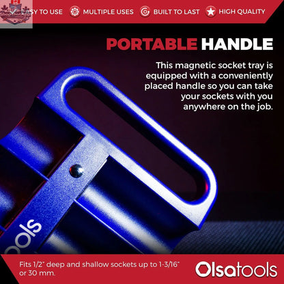 Olsa Tools Canada magnetic socket organizer tray with labeled slots for easy tool management and secure socket storage