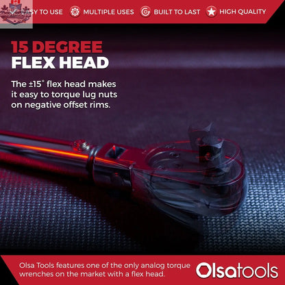 Olsa Tools Canada bolt size finder keychain for quick sizing, designed for click torque wrenches with flex head, shown in infographic image.