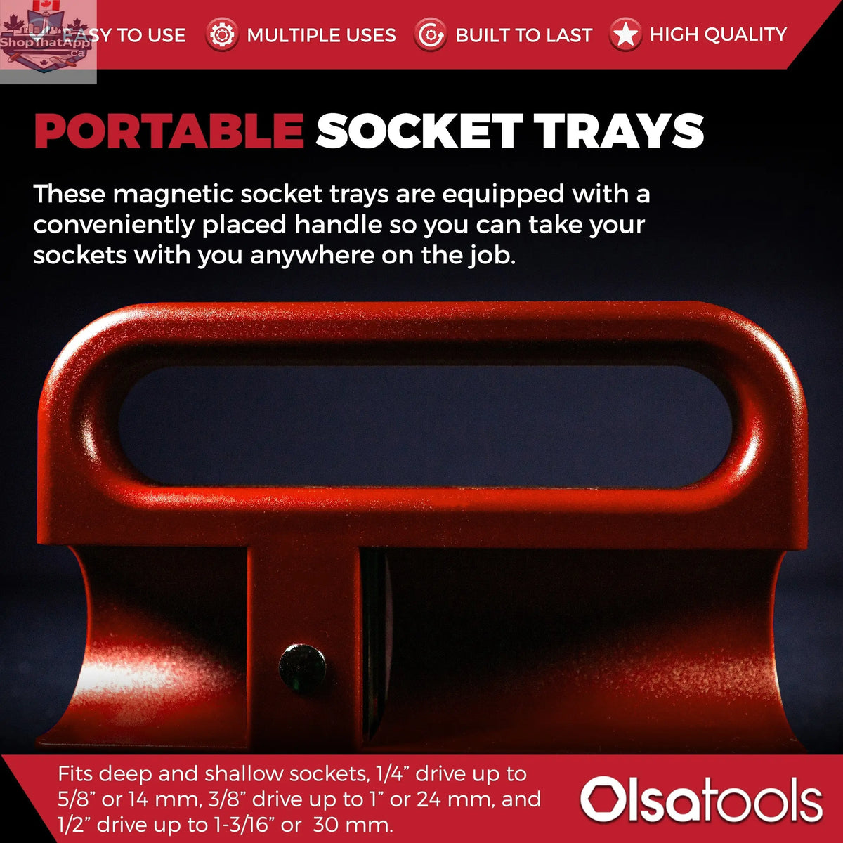Olsa Tools Canada magnetic socket organizer tray with labeled slots for easy tool management and secure socket storage.